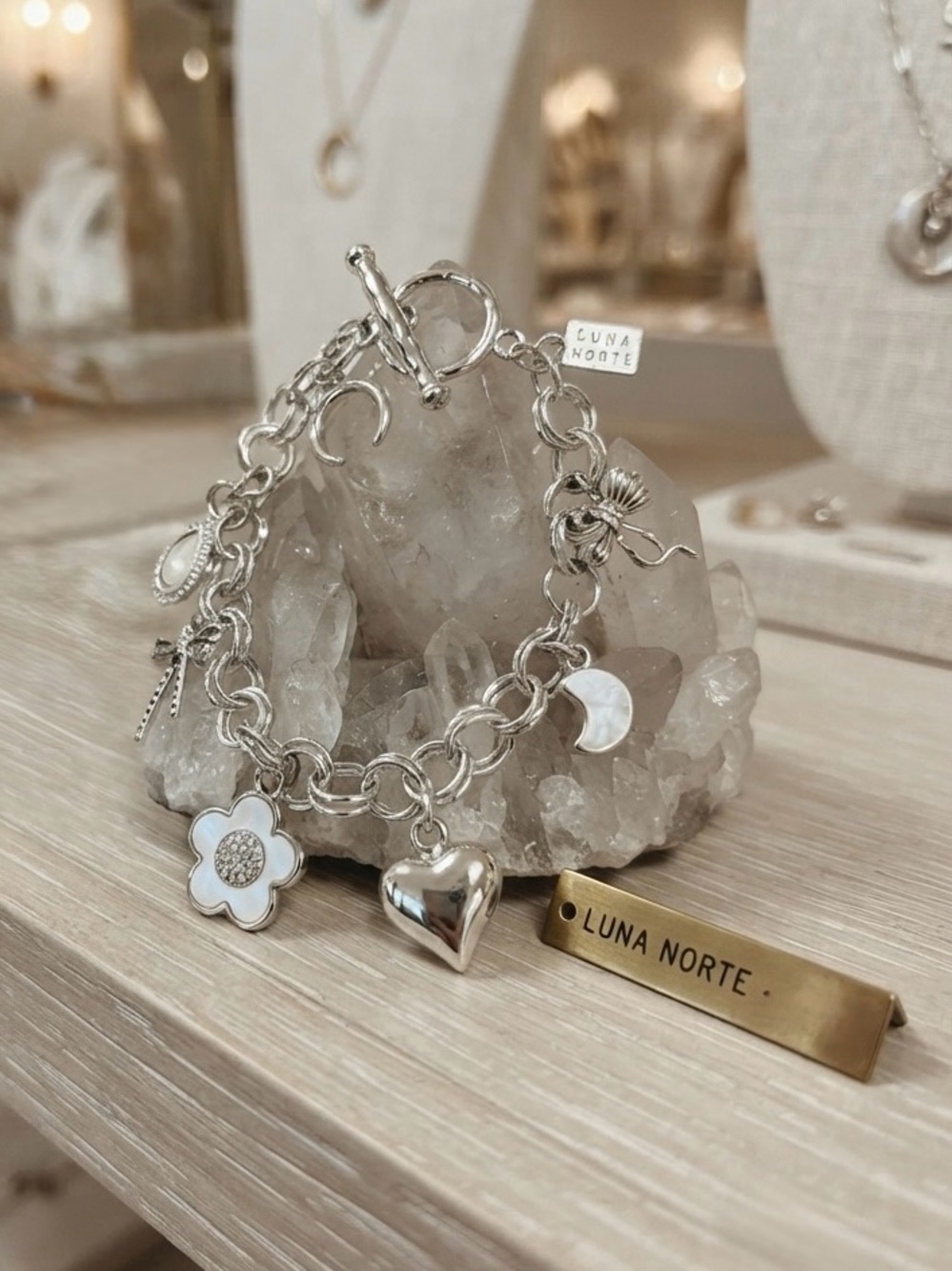 Luna Norte Silver Tone Celestial & Bow Charm Bracelet Toggle Clasp
